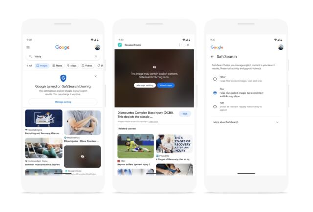 Explicit images, such as the blast injury shown in Google's example, will be blurred by default in Google search images, unless a user is over 18, signs in, and turns it off. Explicit images, such as the blast injury shown in Google's example, will be blurred by default in Google search images, unless a user is over 18, signs in, and turns it off.